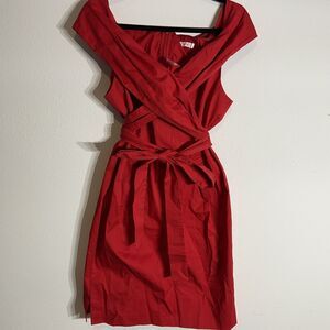 Finery Red Off The Shoulder‎ Dress Size 8 Wrap Tie Waist Pencil Stretchy Zipper